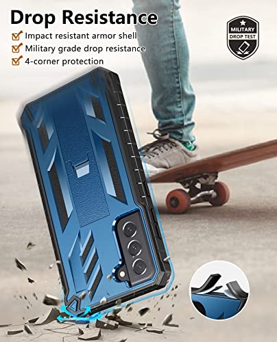 for Samsung Galaxy S21-FE Phone Case: Dual-Layer Military Grade Drop Proof Full Protection Cover with Kickstand | Durable Rugged Shockproof TPU Matte Textured Tough Protective Bumper Shell (Blue) | Rugged Kickstand, Military-Grade Drop Protection, Matte T
