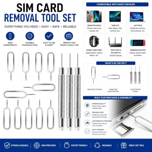SIM Card Removal Tool Set, Stainless Steel Ejector Pin Kit, 13 Piece, Compatible with iPhone, Samsung, iPad and More