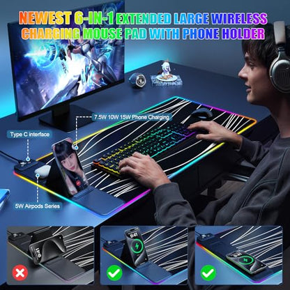 Wireless Charging RGB Mouse Pad with Phone Stand, Large Gaming Desk Mat - color: Wave - 31.5x15.8" Phone Stand No Adapter