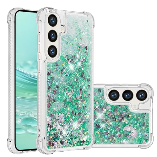 LEMAXELERS for Samsung Galaxy S25 FE Glitter Liquid Case. YBL Green | Cute Floating Quicksand Shockproof Protective, Sparkle Soft TPU for Women Girls Phone Cover for Samsung Galaxy S25 FE - color: Love-1, size: S25 FE