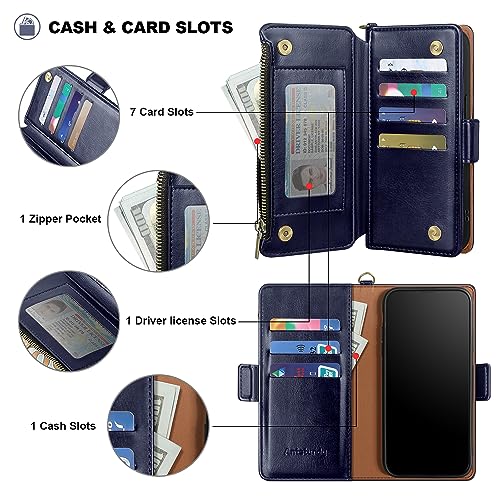 Antsturdy Compatible with Google Pixel 9 5G Wallet Case with Card Holder Women Men,Pixel 9 Pro Phone Case PU Leather Flip Protective Cover Wrist Strap Zipper Credit Card Slots RFID Blocking,Dark Blue - color: Dark Blue