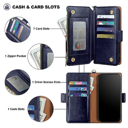 Antsturdy Compatible with Google Pixel 9 5G Wallet Case with Card Holder Women Men,Pixel 9 Pro Phone Case PU Leather Flip Protective Cover Wrist Strap Zipper Credit Card Slots RFID Blocking,Dark Blue - color: Dark Blue