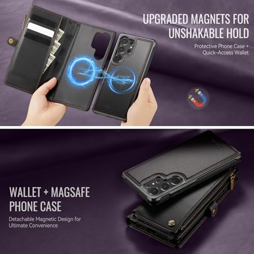 Defencase for Galaxy S23 Ultra Case Wallet Compatible with Magsafe, Black | Magnetic Detachable, RFID Bolcking Card Holder, Zipper Strap, PU Leather Drop-Proof Phone Cover for Samsung Galaxy S23 Ultra - color: (Detachable with Magsafe)-Black