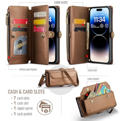 Strapurs Wallet Case Compatible with iPhone 14 Pro RFID Blocking 7-Card Holder Soft PU Leather Magnetic Snap Shoulder Strap Zipper Pocket Phone Case Fit for iPhone 14 Pro 6.1" - Brown | RFID Blocking 7-Card Holder, Shoulder Lanyard, Wirst Strap, Zipper Po