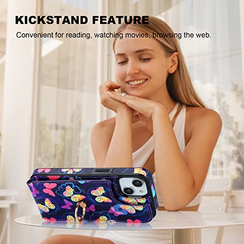 HAOPINSH for iPhone 13/ iPhone 14 Wallet Case with Card Holder, 360°Rotation Ring Kickstand, Pink Butterfly Pattern, RFID Blocking Leather for Girls Women, Double Buttons Flip Cover 6.1" - color: Pink Butterfly