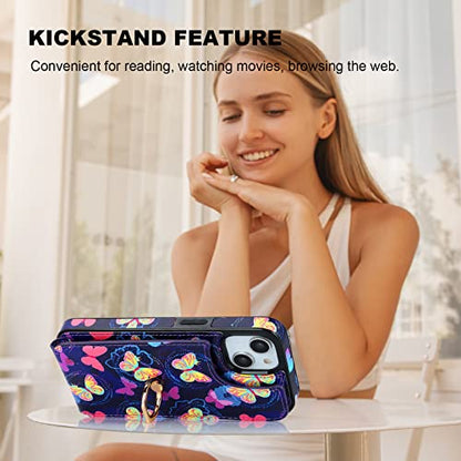 HAOPINSH for iPhone 13/ iPhone 14 Wallet Case with Card Holder, 360°Rotation Ring Kickstand, Pink Butterfly Pattern, RFID Blocking Leather for Girls Women, Double Buttons Flip Cover 6.1" - color: Pink Butterfly