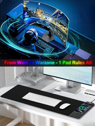 Mouse Pad with Wireless Charging, Large Desk Mat RGB Gaming Mousepad, 10 Light Colors LED Gaming Pad Keyboard Pad with Ultra-Smooth Surface & Non-Slip Rubber Base, Waterproof Full Desk Mouse Pad - color: 31.5x11.81"-Black Right w/PD Charger