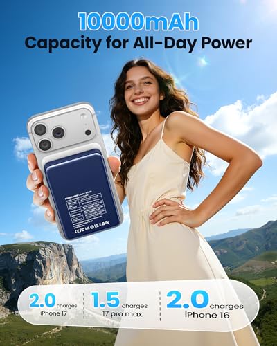 Magnetic Portable Charger, Power Bank Fast Charging 22.5W 10000mAh, Portable Charger with Built in Cable, for Magsafe Battery Pack Compatible with iPhone 17/16/15/14/13/12 Pro/Pro Max, Samsung Blue