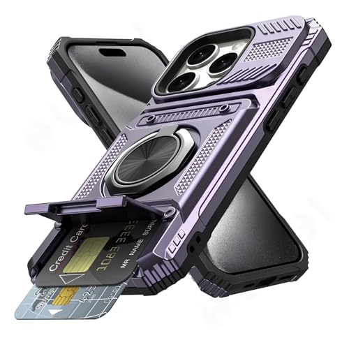 Military Grade Phone Case with Wallet & Magnetic Ring Kickstand, 2-Card Holder, Heavy Duty Drop Protection, Dual Layer TPU+PC Cover for iPhone 11/13/14/15/16/17 Pro Max (Purple, iPhone 15 Plus) - color: Purple