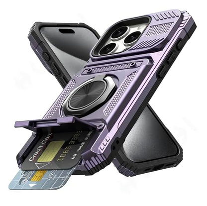 Military Grade Phone Case with Wallet & Magnetic Ring Kickstand, 2-Card Holder, Heavy Duty Drop Protection, Dual Layer TPU+PC Cover for iPhone 11/13/14/15/16/17 Pro Max (Purple, iPhone 15 Plus) - color: Purple