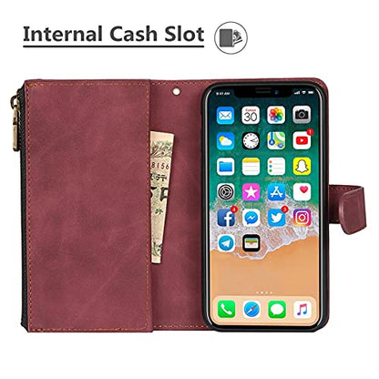 iCoverCase for iPhone X/XS Wallet Case with Card Holder and Wrist Strap, PU Leather Kickstand Card Slots Zipper Pocket Magnetic [Detachable] Flip Cover Case 5.8 Inch (Claret) - color: Claret