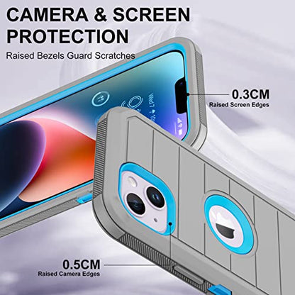for iPhone 14 Case with 2 Screen Protector,Full Body Shockproof Drop Protection Dust Proof Heavy Duty 3-Layer Rugged Durable Military Grade Cover for Apple iPhone 14 6.1" (Gray/BlueⅡ) - color: Gray/BlueⅡ