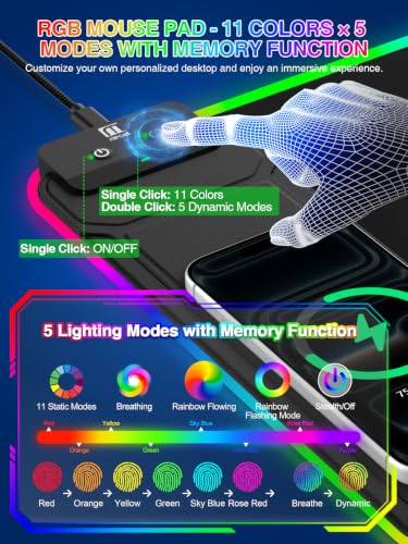 RGB Mouse Pad with Foldable Phone Stand & Wireless Charger, 31.5"x11.8" XL Gaming Mousepad Large Desk Mat, Desk Pad with Dual Charging for Phone & AirPods | 11 Colors & 5 Modes | Waterproof - color: Black Touch Control Stand XL