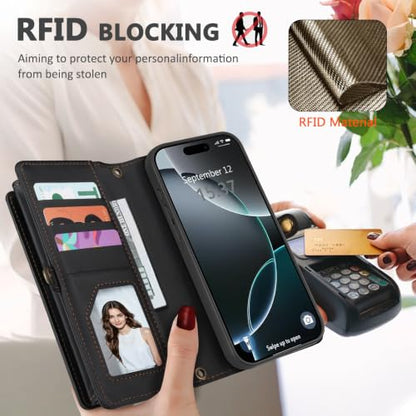 for iPhone 16 Wallet Case, Detachable Magnetic Shockproof Phone Case,Faux Leather Crossbody Wallet,with RFID Blocking，Zipper Card Holder，Shoulder Strap (Black) - color: Black, size: iPhone 16