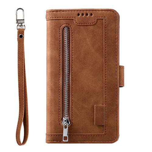 EYZUTAK Wallet Phone Case for Samsung Galaxy A16 4G/5G, Retro Matte 9 Card Holder Slots Zipper Pocket Handbag Case PU Leather Magnetic Closure Kickstand with Wrist Strap Flip Folio Purse Case - Brown - color: Brown, size: Samsung Galaxy A16 4G/5G