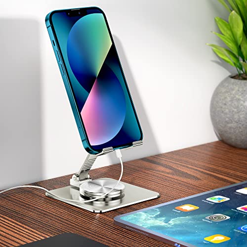 Rotatable Foldable Phone Stand for Desk, Fully Adjustable Desktop Holder Cradle Dock Compatible with iPhone 14 13 12 11 Pro Max Xr, Nintendo Switch, Tablets, All Phones(Silver) - color: Bright silver