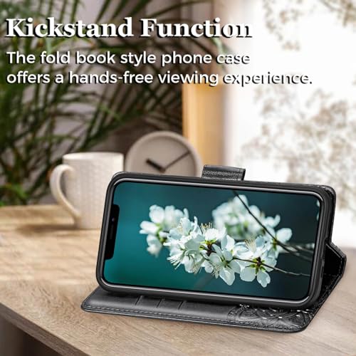for iPhone 12 Pro/iPhone 12 Wallet Case,Women Flip Folio Cover with Butterfly Embossed PU Leather Kickstand Credit Card Holder Slots Wrist Strap for iPhone 12/12 Pro 6.1 inch (Black) - color: Black