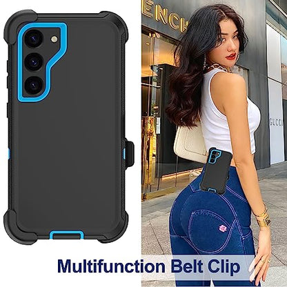 for Samsung Galaxy S23 Case with Belt Clip Holster, 2 x Screen Protector, Heavy Duty Military Grade Full Body Shockproof Dust-Proof Rugged Protective Cover for Samsung S23 5G (Black Blue) - color: Black/Blue