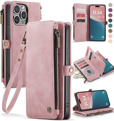 Defencase for iPhone 14 Pro Max Wallet Case with RFID Card Holder, Rosepink | Durable Soft PU Leather, with Zipper Pocket, Wrist Strap, Fashion Snap Flip Phone Cases Cover with Stand for Women and Men - color: Rose Pink