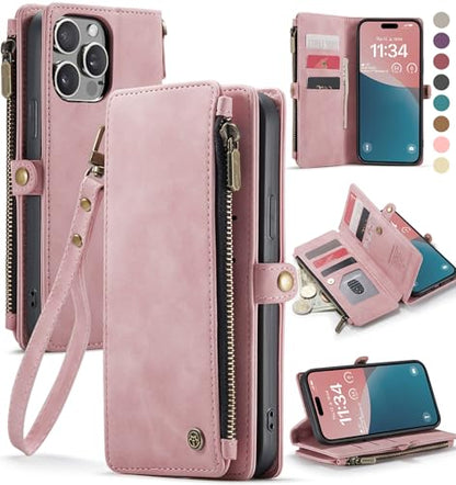 Defencase for iPhone 14 Pro Max Wallet Case with RFID Card Holder, Rosepink | Durable Soft PU Leather, with Zipper Pocket, Wrist Strap, Fashion Snap Flip Phone Cases Cover with Stand for Women and Men - color: Rose Pink