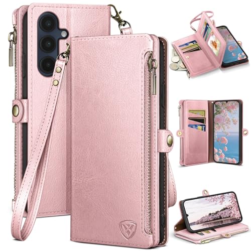 XcaseBar compatible with Samsung Galaxy A16 5G Wallet case with Zipper Credit Card Holder【RFID Blocking】,Flip Folio Book PU Leather Phone case Shockproof Cover Women Men for Samsung A16 case Rose Gold - color: Rose Gold