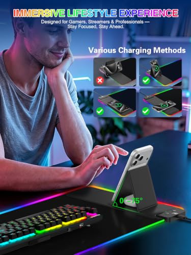 RGB Mouse Pad with Foldable Phone Stand & Wireless Charger, 31.5"x11.8" XL Gaming Mousepad Large Desk Mat, Desk Pad with Dual Charging for Phone & AirPods | 11 Colors & 5 Modes | Waterproof - color: Black Touch Control Stand XL