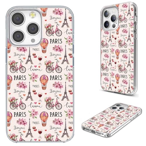 for iPhone 14 Pro Max Case for Women Girl, Full Protective Shockproof Slim Soft TPU Clear Phone Cover Cases Design for iPhone 14 ProMax,Pink Flower Bicycle France Paris Eiffel Tower Balloon - color: France Paris Eiffel Tower Balloon