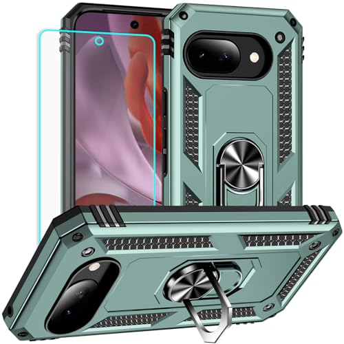 Yiakeng for Google Pixel 9A Case: with Screen Protector - Military Grade Protective Cases with Finger Ring Holder Kickstand for Pixel 9A(Dark Green) - color: Dark Green, size: Google Pixel 9A Case