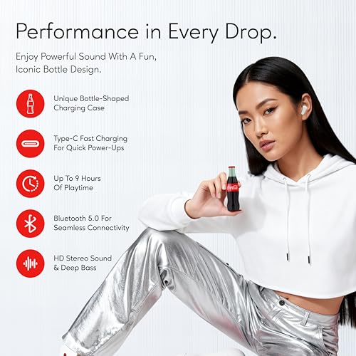 Coca-Cola Bottle Shaped Wireless Earbuds – Bluetooth 5.0 Headphones with Built-in Mic, Voice Assistant Compatibility, 9H Playtime, HD Stereo Sound, Noise Cancelling – Compatible with Apple & Android - color: Red