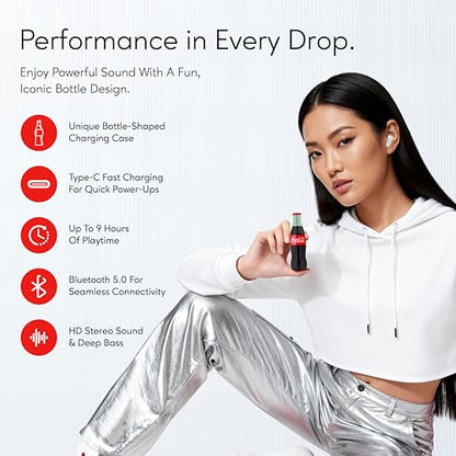 Coca-Cola Bottle Shaped Wireless Earbuds – Bluetooth 5.0 Headphones with Built-in Mic, Voice Assistant Compatibility, 9H Playtime, HD Stereo Sound, Noise Cancelling – Compatible with Apple & Android - color: Red
