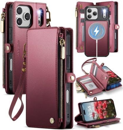 Defencase for iPhone 17 Pro Max Case Wallet Compatible with Magsafe, W-Red - color: (Detachable with Magsafe)-Wine Red