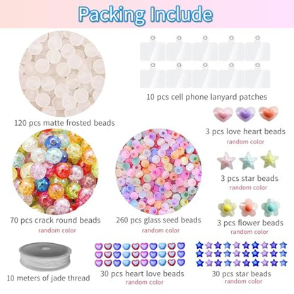 SHUANGART 531 Pcs Phone Chain Beaded Making Kit, Cell Phone Charms Lanyard Wrist Strap Set with Matte Frosted Beads Burst Round Beads Glass Seed Beads Phone Tether Tab for Women DIY Bracelet Keychain