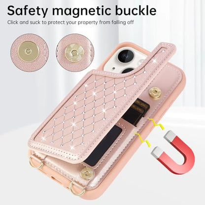 for iPhone 11 Wallet Case with Card Holder Slots and Strap, RFID Blocking Magnetic Flip Folio Cover, Crossbody Purse Protection Case with Kickstand,Rose Gold Diamond - color: Rose Gold Diamond, size: iPhone 11(6.1")