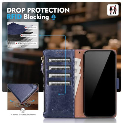 Compatible with iPhone 17e / 16e Wallet Case with Card Holder RFID Blocking Zipper Poket PU Leather Flip Phone Case with Wrist Strap Credit Card Slots Men Women,Blue - color: Blue