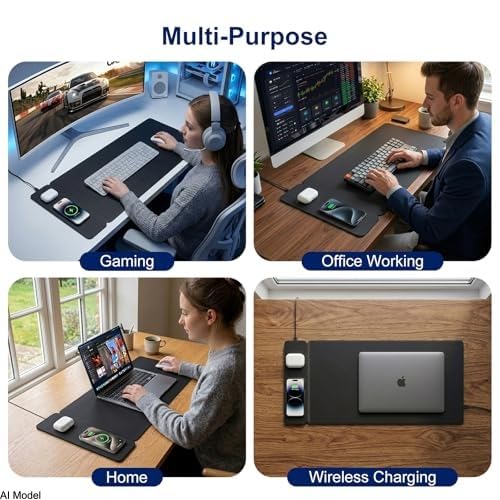 15W Wireless Charging Mouse Pad 31.5"x15.75", Double-Sided Faux Leather - color: NF-Black