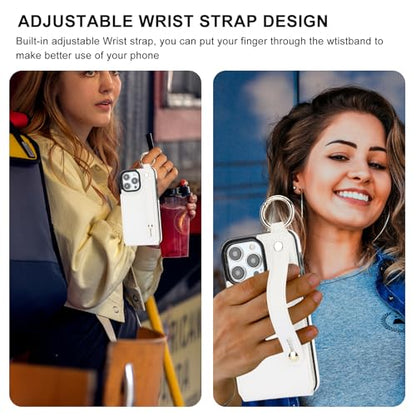 Folosu for iPhone 15 Pro Max Wallet Case with Card Holder, Hand Wrist Strap Loop Holder Kickstand, RFID Blocking Finger Grip Ring PU Leather Double Buttons Shockproof Cover 6.7" White - color: White