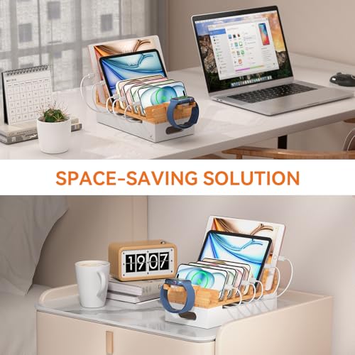 Bamboo Charging Stand for Multiple Devices Phone Watch Stand-Natural+White - color: Natural + White (No USB Charger)
