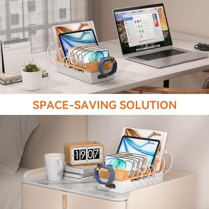 Bamboo Charging Station with 5 Port Charger HUB & 5 Cables-Natural + White - color: Natural + White