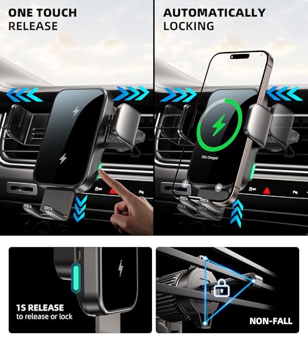 Dual Coil 15W Cup Phone Holder Mount, Wireless Car Charger Auto-Clamping Fast Charging Vent Phone Holders for Your Car for iPhone Duo/18/17/16/15/14/13/12/11 Series, Samsung Flip S25 S24 S23 S22 Ultra