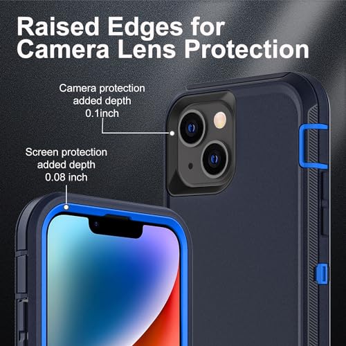 YKHJKLEC Military Grade 3 in 1 Heavy Duty Case for iPhone 13/14 - Shockproof, Drop Proof, Dust Proof With 2Pcs Tempered Glass Screen Protector (Navy Blue) - color: Navy Blue