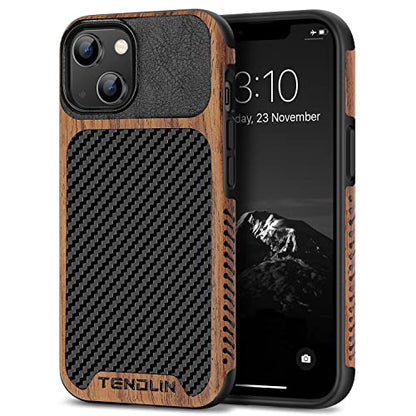 TENDLIN Compatible with iPhone 14 Case Wood Grain with Carbon Fiber Texture Design Leather Hybrid Slim Case Black - color: Black, size: iPhone 14