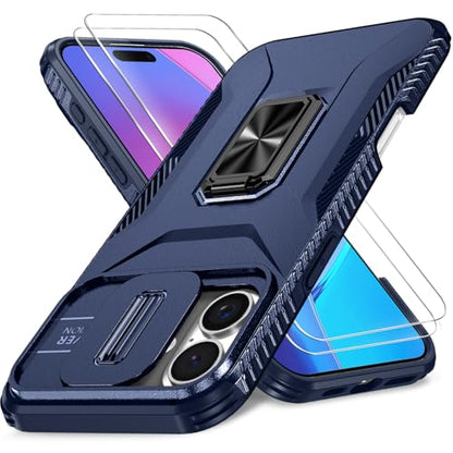 [2 Cases] Case for iPhone 16 (A - Blue) & iPhone 13/14 (Blue) with Slide Camera Cover + Screen Protector, Rotated Ring Kickstand Military Grade Shockproof