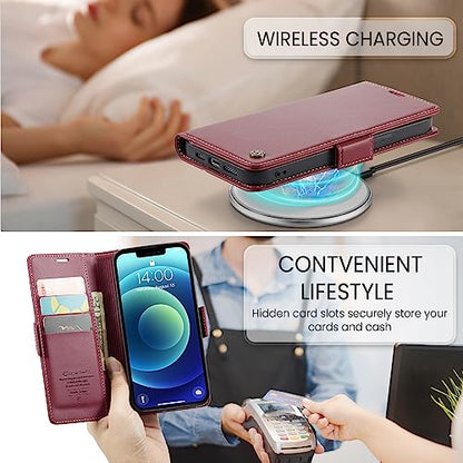 QLTYPRI Wallet Case for iPhone 12/12 Pro, Premium PU Leather Magnetic Flip Folio Case with RFID Blocking Credit Card Slots Kickstand Shockproof Protective Phone Case Cover - Wine Red | Premium PU Leather, Magnetic Closure Flip Case, RFID Blocking, Viewing