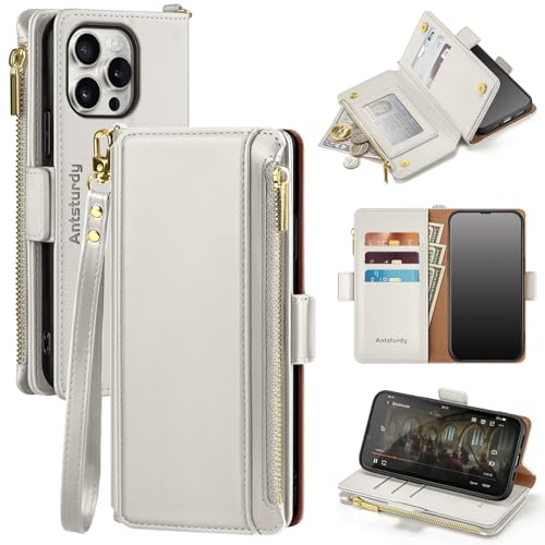 Antsturdy for iPhone 14 Pro Phone Wallet Case Women,Beige | RFID Blocking,with Credit Card Holder Slots,PU Leather Purse,Zipper Pocket,Wrist Strap Kickstand,Flip Folio Cover for Men - color: Beige