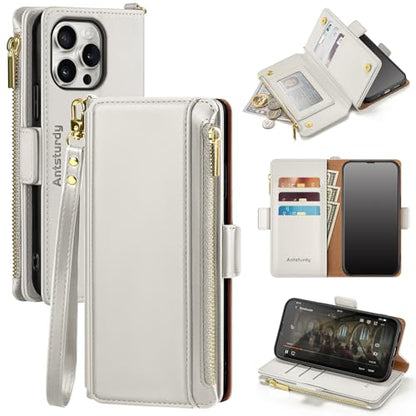 Antsturdy for iPhone 14 Pro Phone Wallet Case Women,Beige | RFID Blocking,with Credit Card Holder Slots,PU Leather Purse,Zipper Pocket,Wrist Strap Kickstand,Flip Folio Cover for Men - color: Beige