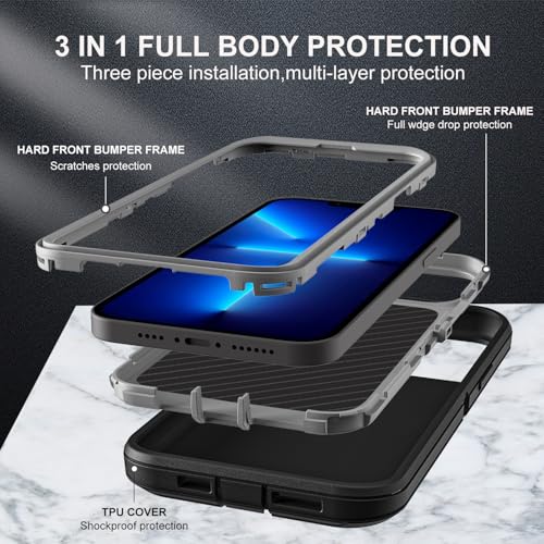YKHJKLEC for iPhone 13 Pro Max Case, Compatible with Magsafe, Military Grade 3 in 1 Heavy Duty Shockproof/Drop Proof/Dust Proof Case with 2Pcs Tempered Glass Screen Protector (New-Black/Grey) - color: New-Black/Grey