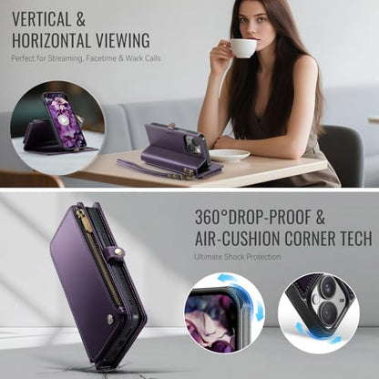 Defencase for iPhone 14 Plus Case Wallet Compatible with Magsafe, Purple | Drop-Proof Magnetic Detachable Phone Cases Cover, with RFID Bolcking Card Holder, Zipper Strap, PU Leather, Removable Wallet - color: (Detachable with Magsafe)-Purple