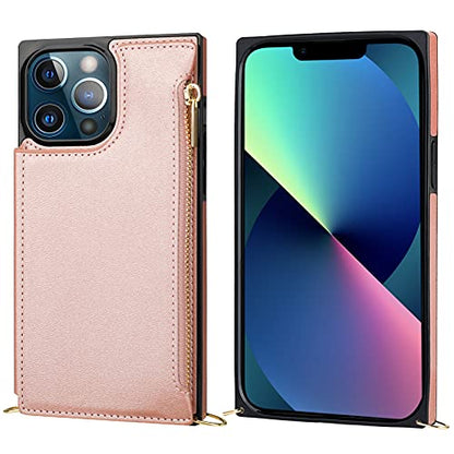 Bocasal Crossbody Wallet Case with Strap for iPhone 13 Pro, Rose Gold - color: Rose Gold