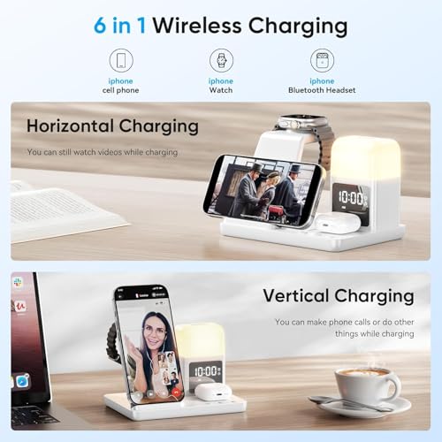 6 in 1 Wireless Charging Station with Clock & Night Light，Alarm Clocks for Bedrooms,Wireless Charger Stand with Beside Clock for iPhone 18/17/16/15/14/13/12 Pro Max, Apple Watch,Airpods (White) - color: White