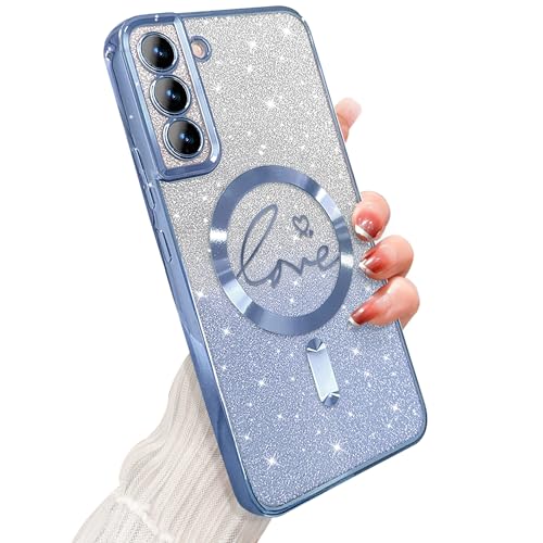 ZONRW for Samsung Galaxy S22 Case Magnetic,for Women Girl Soft Cute Luxury Love Heart Plating Bling Gradient Glitter Phone Case Compatible with MagSafe Clear Shockproof Back Cover 6.1”-Blue - color: Blue, size: Samsung Galaxy S22
